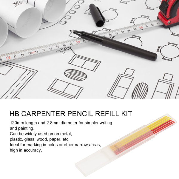 6 st Carpenter Pencil Refill 2,8 mm HB Marking Scribing Tool Set Kit for Woodworking Red Yellow Wax