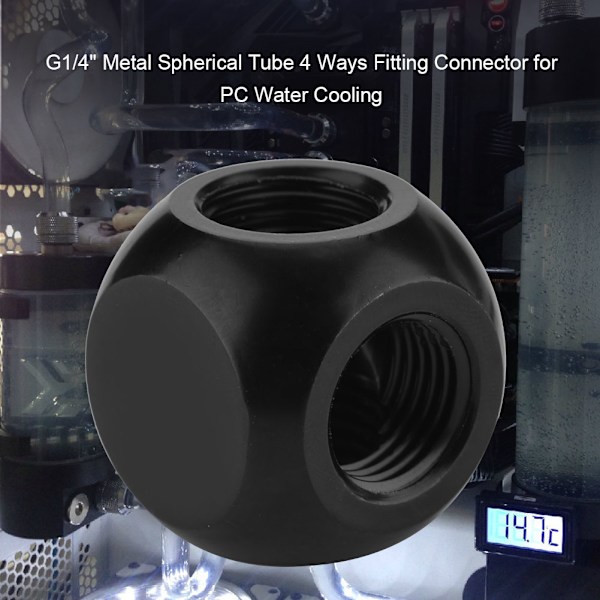 G1/4" metal sfærisk rør 4-vejs Fitting Connector til PC Vandkøling Sort
