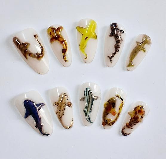 All Match Fake Nails with Fish Decor with Zero Pressure on Nail Bed Design S