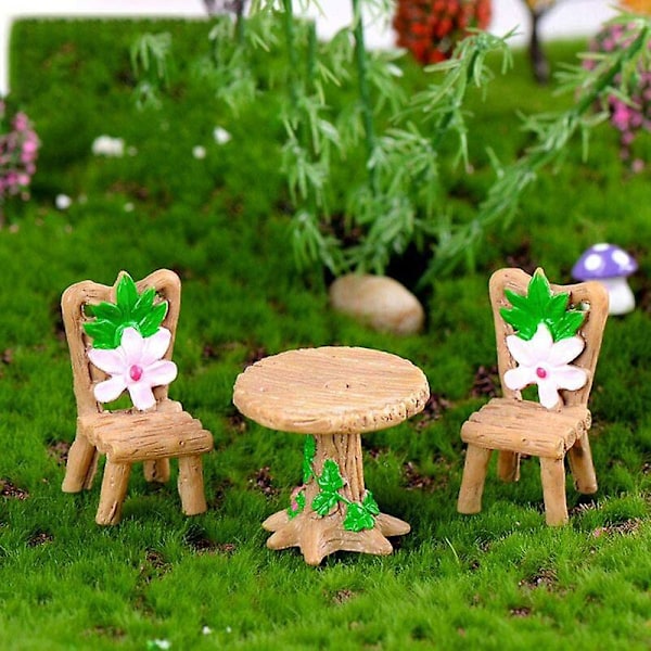 3 stk. Bord og stol, harpiks, håndverk, miniatyrlandskap, dekorasjon, eventyrhage, miniatyr, glassbeholderdekorasjon