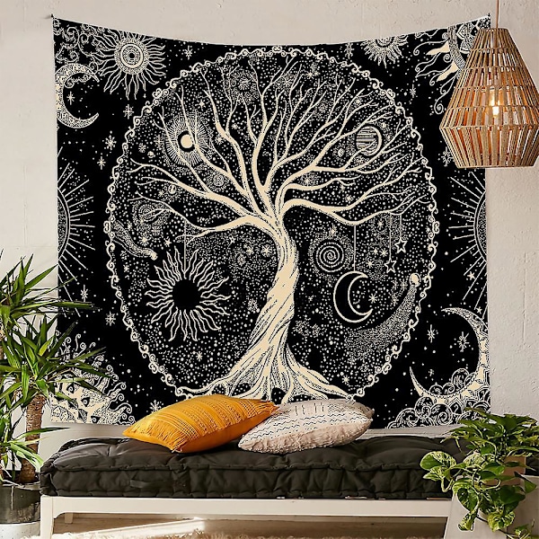 Elämänpuun seinävaate Kuu ja Musta Aurinko Psykedeelinen seinävaate Mandala Tähtitaivas Hippi-seinävaate makuuhuoneeseen (130x150cm)