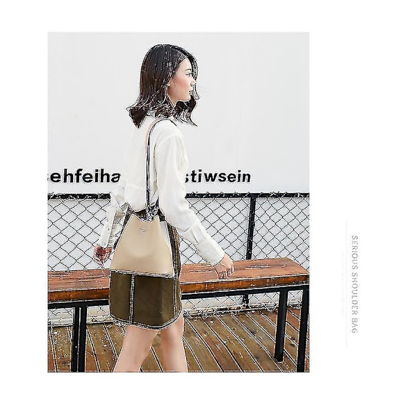 Khaki Dameveske Bøtteveske PU Lær Skulderveske Dame Messenger Bag Håndveske (21cm*13cm*21cm)