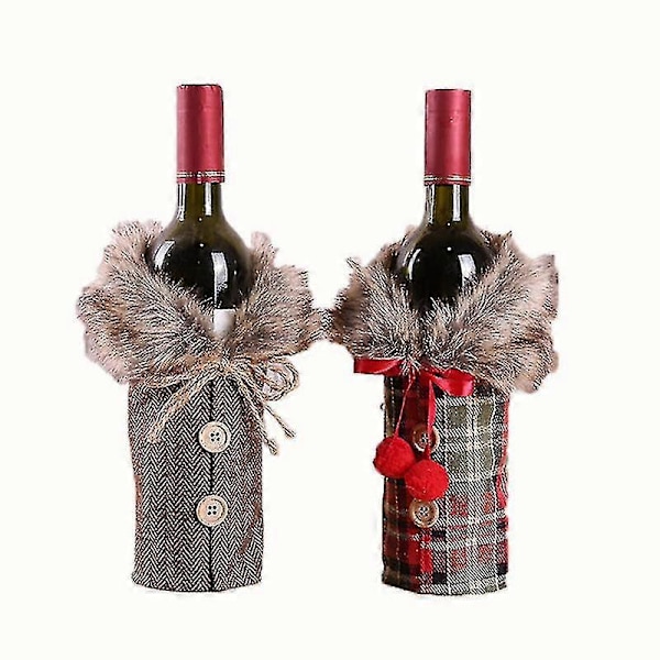 2 stycken Jul Vinflaskor Omslag Tröja Linne Rutig Vinflaska Klänning Kläder Vinflaskor Väskor Med Fuskpäls Krage Och Knapprock Design
