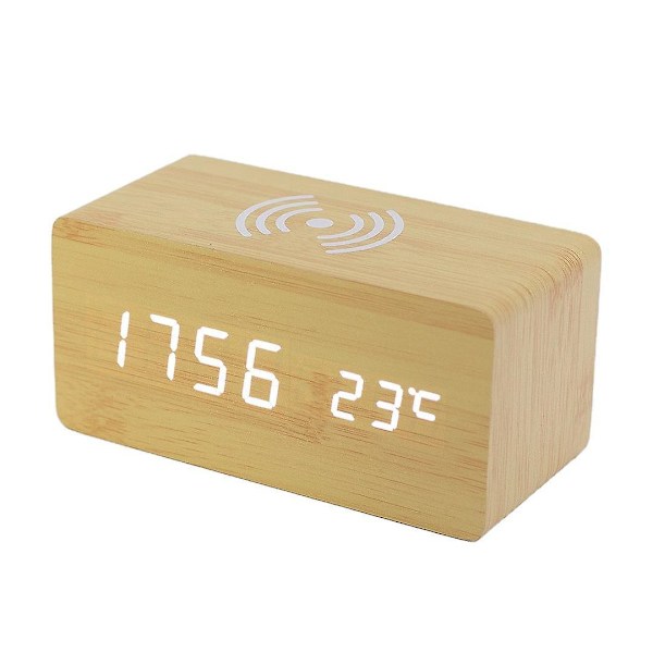 Trä Digital Väckarklocka med Trådlös Laddning Dubbla Alarm Dimmer Vardag Helg Läge LED för Sovrum Skrivbord Barn Vit