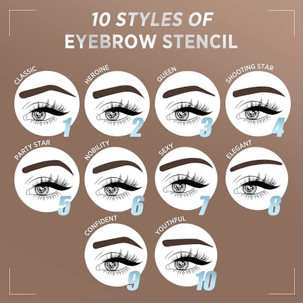 Øjenbrynsstempel og Stencil Sæt, 10 Øjenbrynsstencils, Mørkebrun