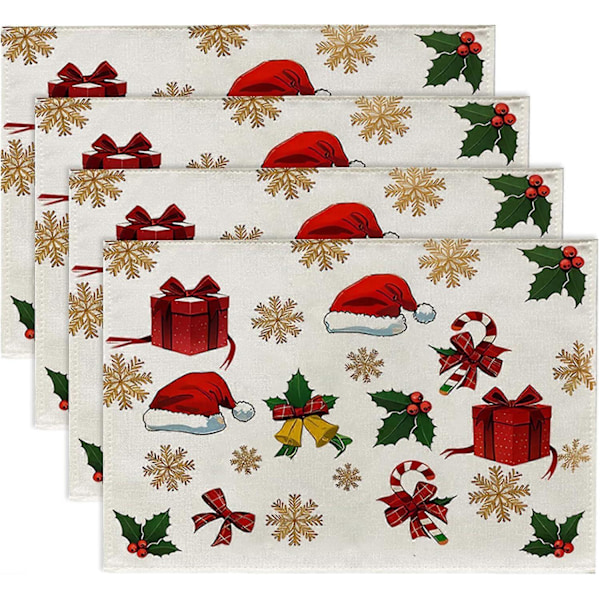 Set med 4 Placemattor med Lönnlöv för Matbord 30 x 45 cm Säsongsbetonade Vinter Köks Placemattor Tvättbara Snöflinge-Mattor (A)