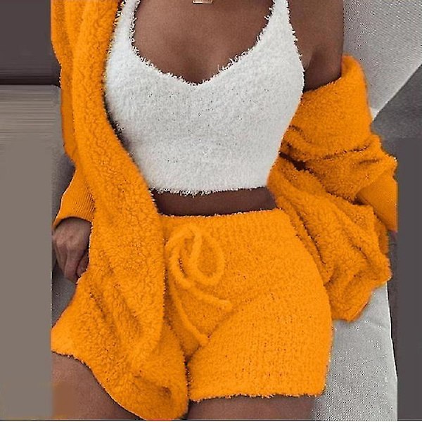 Plush Women's 3-Piece Loungewear Set - Vest, Coat, Shorts - XXXL, Orange