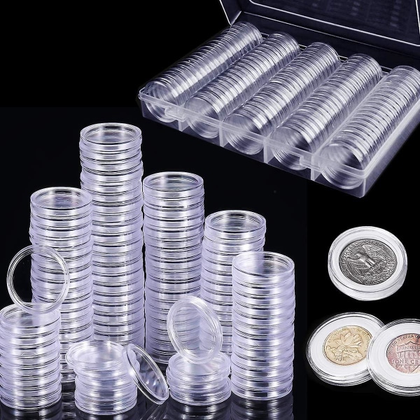 100 stk plastik møntkapsler med opbevaringsboks til møntsamlingsarrangør