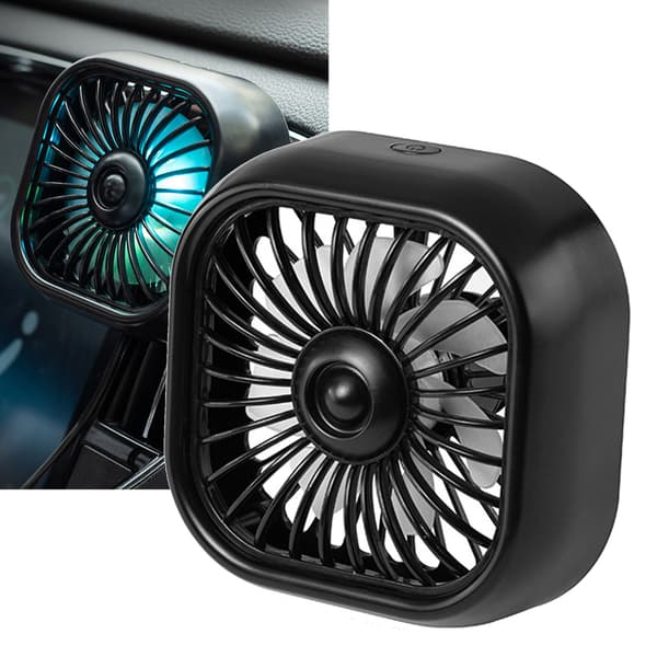 Bilventilator med farverigt lys, 3 vindhastigheder, lav støj, USB-køleventilator til køretøjer, sort