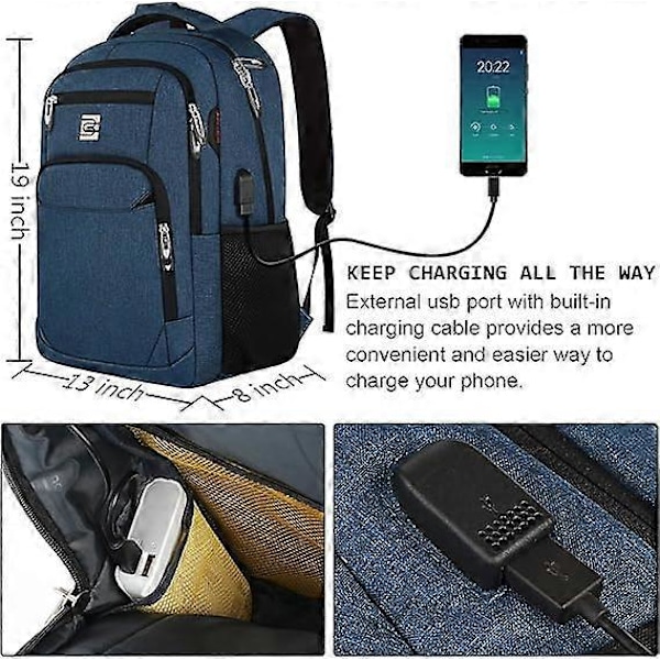 Laptopryggsäck med USB-laddning & Hörlursport, Stöldskydd Business Laptop Ryggsäck med Andningsbar Vadderad Axelrem Blå