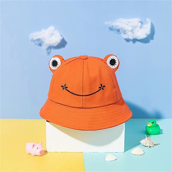 Bucket Hat Andningsbar Groda Öron Broderi Mönster Bomull Groda Fiskarhatt För Kvinnor orange