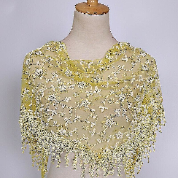 Lace Floral Print Veil Church Scarf Shawl Wrap - Women's Tassel UK-9 yellow