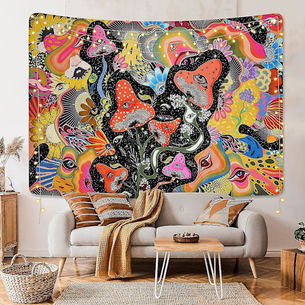 Psykedeelinen sieni- ja kukkakuvio - värikäs Trippy seinäteline (200x150cm)