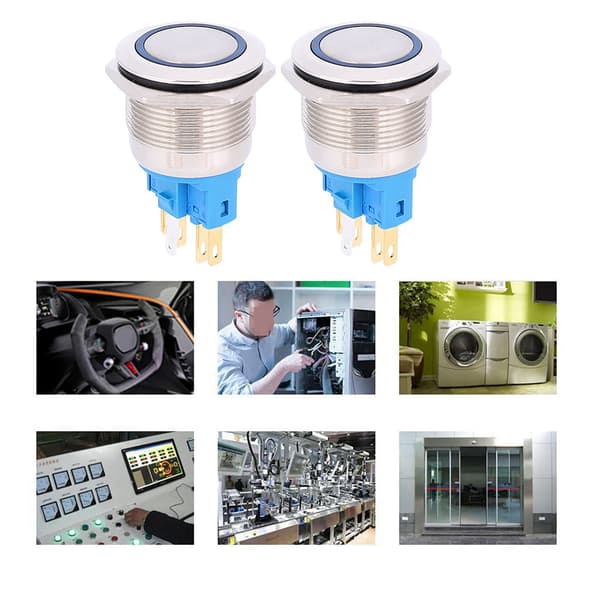 2 stk. DC12-24V IP65 22mm Ring Reset Knap 6-Pin Trykknap Switch Tilbehør Blå