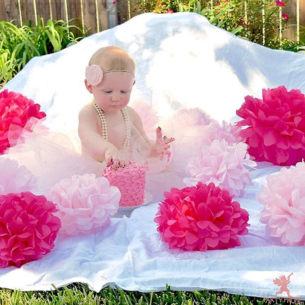 Pappersblommor i Pompom-form, 9 st, Rosa, Roseröd, Vit, för födelsedag, möhippa, bröllop, babyshower, bröllopsshower, festdekoration