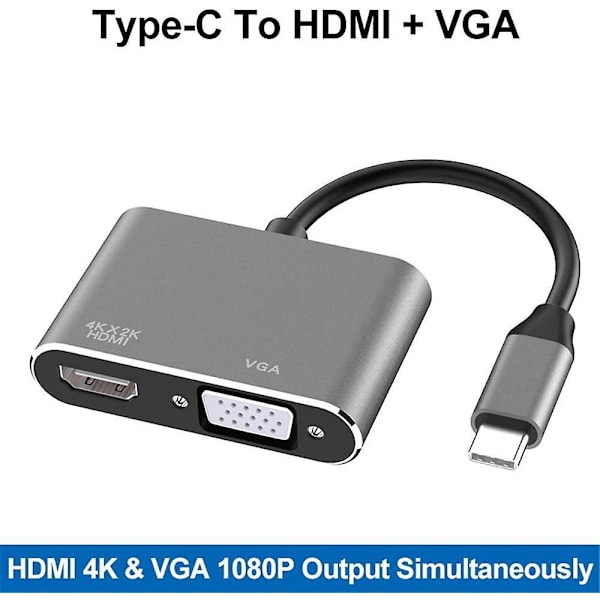 USB C till HDMI VGA-adapter, 2-i-1 typ C till HDMI 4K och VGA 1080p, kompatibel med MacBook Pro/Air 2020/2019, iPad Pro, Surface - Grå