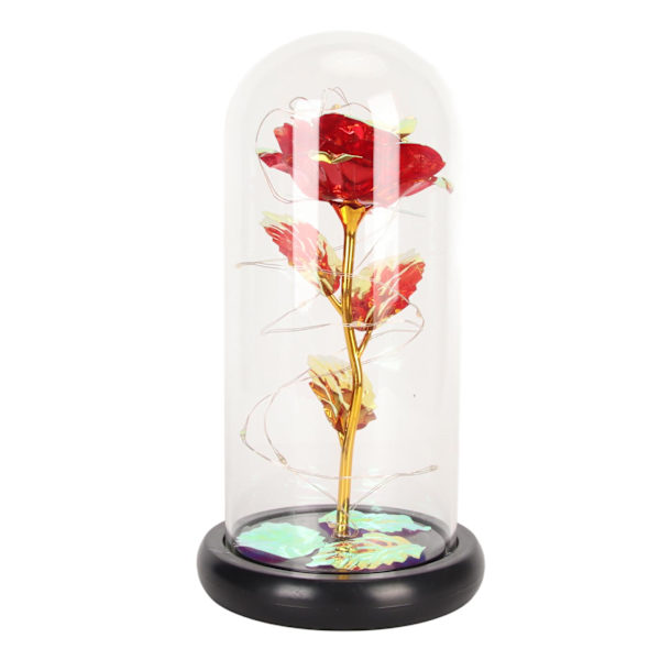 Glass Rose Lys Dekorativ Romantisk Vakker LED Kunstig Blomst i Glasskuppel for soverom Stue Rød