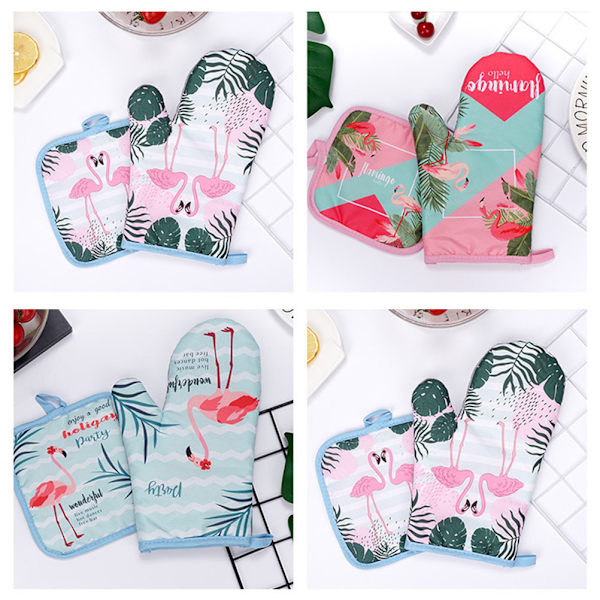 Flamingo Tjocknande Bakning Hit Resistenta Handskar Pads för Ugn Mikrovågsugn Isolering Matta Kök Matlagning Tillbehör