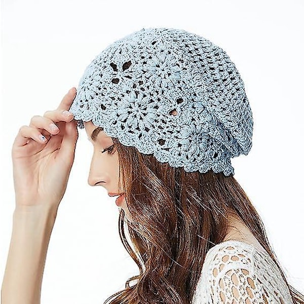 Blå Heklet Slouchy Lue for Kvinner - Håndlaget, Perfekt for Vår og Høst