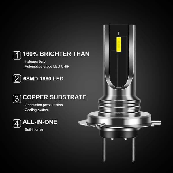 2 pcs H7 LED Bulbs for Car, White Light 6000K 80W CSP Chip 6SMD Motorcycle Fog Light 1860 16000L