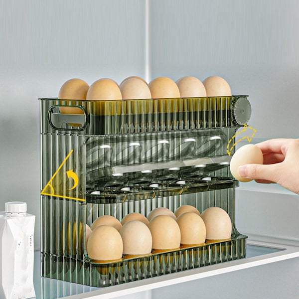 30 Count Flip Fridge Egg Tray Container PET Auto Keep Eggs Fresh Flip Egg Tray Container for Refrigerator Dooor Green