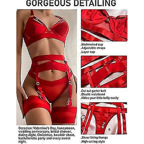 Strappy Lingerie Set med Strømpebånd, BH, Trusse og Lårstropper L rød