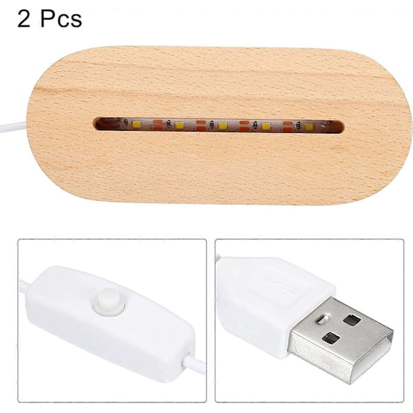 LED-lysstand i træ, 2 pakker ovale træ 9,5 cm x 0,5 cm varm hvidt lys display piedestaler til akryl natlampe krystal kunst, træfarve