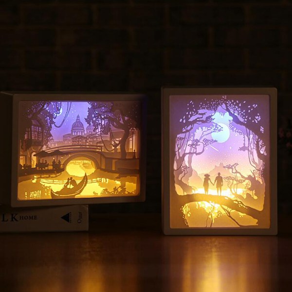 Papirklip Lysboks 3D LED Papirudskæringslampe Papirudskæringskunst Nattelys LED Bordlampe til dekoration