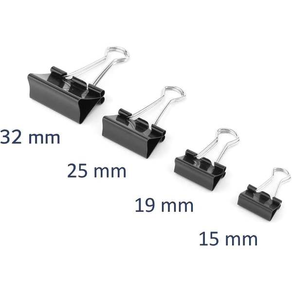 Set svarta dokumentklämmor - 40 stycken, 15/19/25/32 mm - Pappersklämmor med flera funktioner