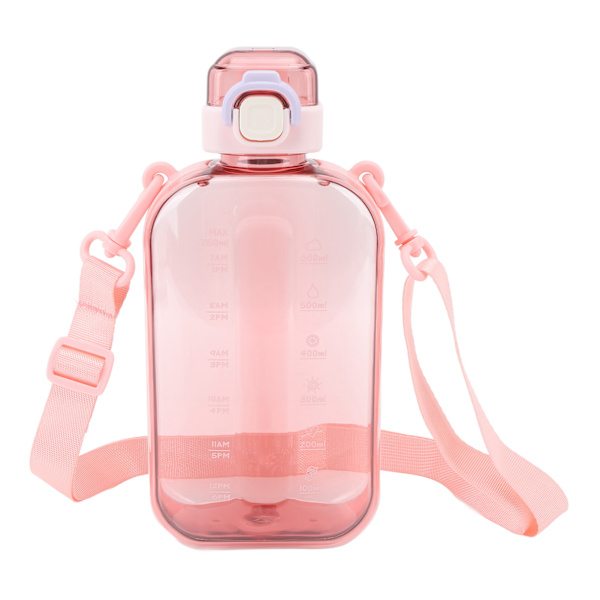 Platt vattenflaska 750ml PC Klar läcksäker bärbar smal sport vattenflaska med skala och bärrem för resor gym camping rosa