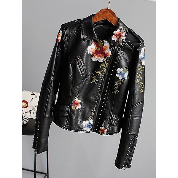 Floral broderet kunstlæder bikerjakke til kvinder XL sort