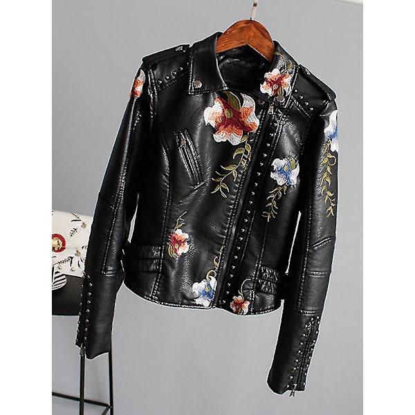 Floral brodert motorsykkeljakke i imitert skinn for kvinner XL svart