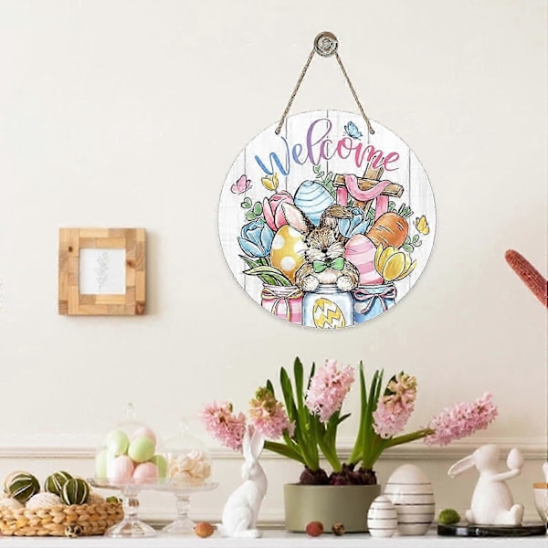Påskhare Ägg Dörrskylt, Trähängare med Kors och Tulpan Design