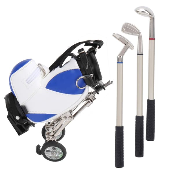 Skrivebordsgolfpennsett 3 kulepenner og miniveske sinklegering golfpennholder blå hvit