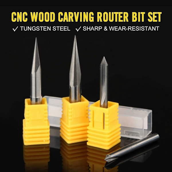 CNC Router Bits Sæt 1/4, Gravering Træskærer Router Bit 6mm & 4mm, V-Groove, Profil Bit, Wolframstål - 4 STK