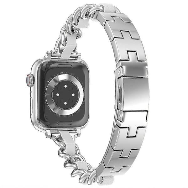 Kæde Slim til Apple Watch Rem 38/40/41mm Armbånd i rustfrit stål med læderled til iWatch Series SE/5/4/3/2/1