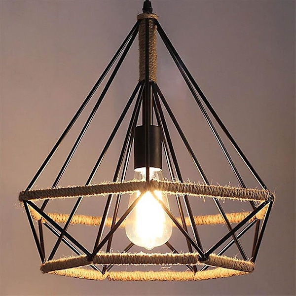 Retro Vintage Industriell Taklampe Metall Diamantbur med Hamptau Jern Lysekrone Hengelampe Armatur for Stue Soverom Dekorere Hjem