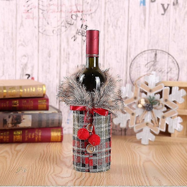 2 stycken Jul Vinflaskor Omslag Tröja Linne Rutig Vinflaska Klänning Kläder Vinflaskor Väskor Med Fuskpäls Krage Och Knapprock Design