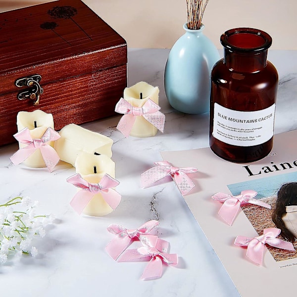 Klæbende satinbåndssløjfer - 24 stk., DIY-håndværk, Valentinsdag, babyshower-kortfremstilling, pynt, 5 cm bredde (pink)