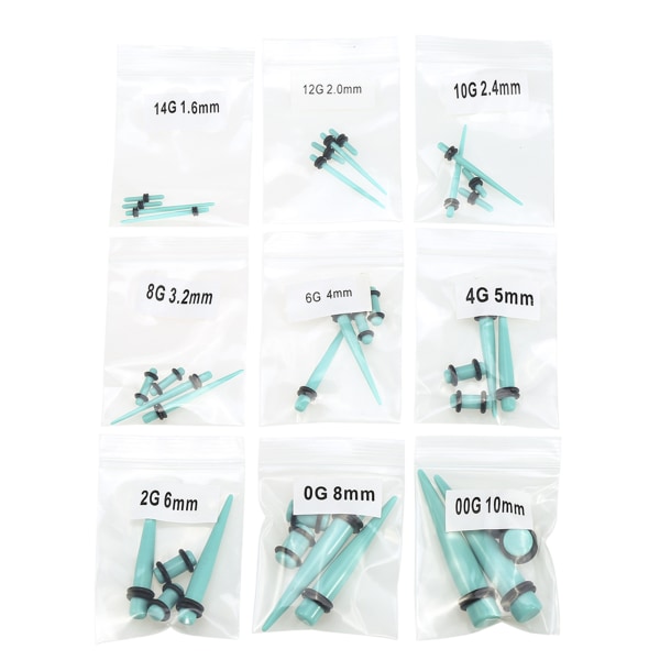 36 stk Fasjonable Båre Øreplugg Taper Expander O Ring Stretching Kit Cyan