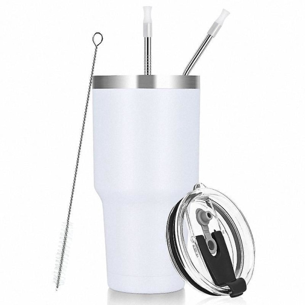 Genanvendelig kaffekop i rustfrit stål med 2 sugerør og 2 rengøringsbørster - perfekt til varm eller iskaffe på farten