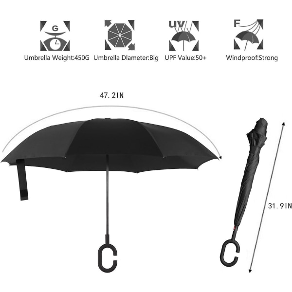Musta kaksikerroksinen UV-suoja Käänteinen tuulenpitävä auton kokoontaittuva sateenvarjo