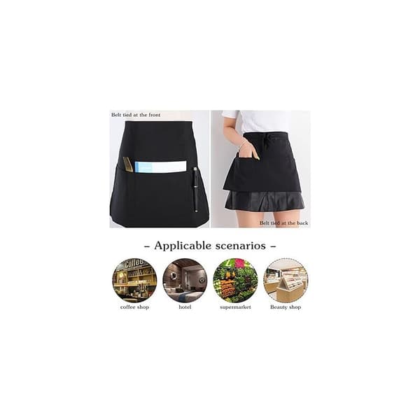 Kitchen Aprons, Waiter Apron Black Apron with Adjustable Strap and 3 Pockets Short Apron for Men Women Waiters 2-pack Black