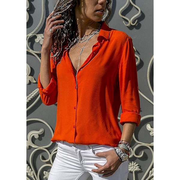 Monokrom V-hals Chiffonbluse for kvinner - Lang ermet (oransje)