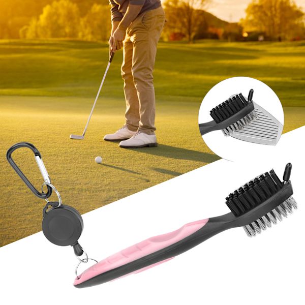 Monitoiminen golfmailan puhdistusharja, jossa on nylon kaksoisharjaksinen puhdistustyökalu, vaaleanpunainen