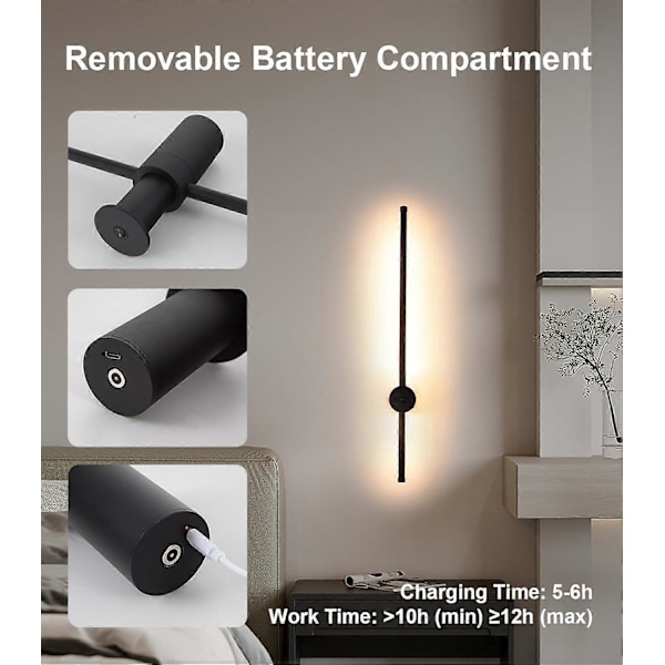 Batteridriven Vägglampa för Inomhusbruk, USB-C Uppladdningsbar Vägglampa med Fjärrkontroll, 60CM Svart, 360 Fri Rotation Modern Vägglampa, 1-pack