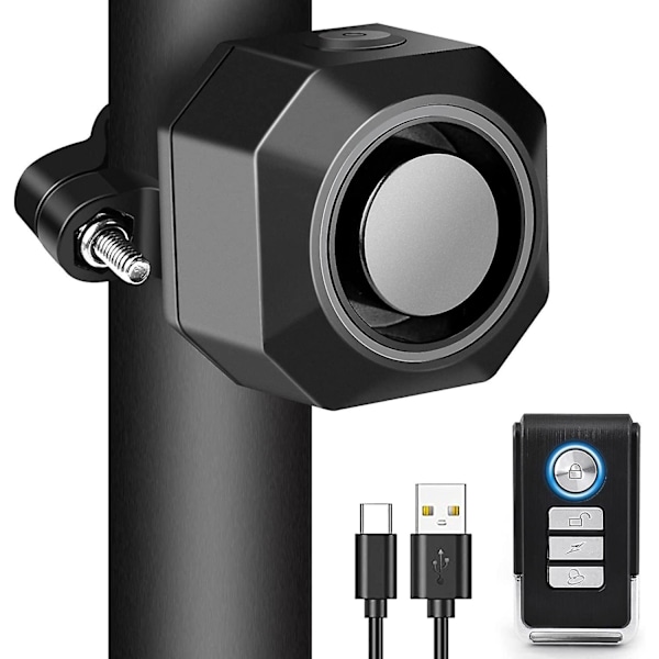 Trådlöst cykelalarm - USB-laddningsbart, stöldskyddsvibrationslarm, 110 dB volym, justerbar sensor - Fjärrkontroll ingår