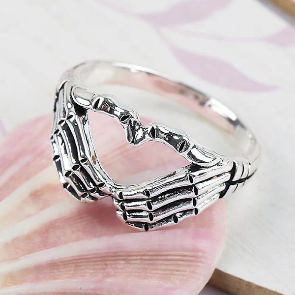 Punk Skull Hånd Klo Ring Sølv Goth Hjerte Skelet Hånd Wrap Band Ring til Kvinder Piger