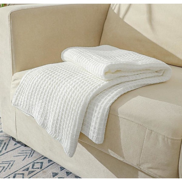 Lett vaffelpiké bomullsdyne for sofa og seng - hvit (130x150 cm)