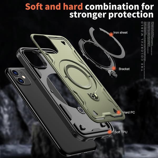 Deksler til iPhone 11/ XR Kompatibel med MagSafe Militær Beskyttelse PC+TPU Stativ Telefondeksel Olive Green